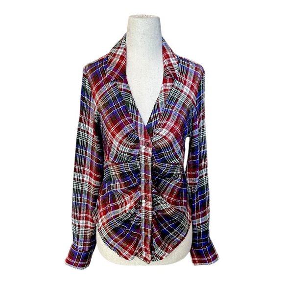 Anthropologie Pilcro Plaid Ruched Deep V Collared Button Down Long Sleeve Shirt - Picture 2 of 2